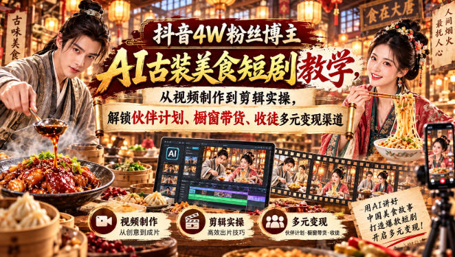 抖音4W粉丝博主AI古装美食短剧教学,从视频制作到剪辑实操,解锁伙伴计划、橱窗带货、收徒多元变现渠道-52项目站