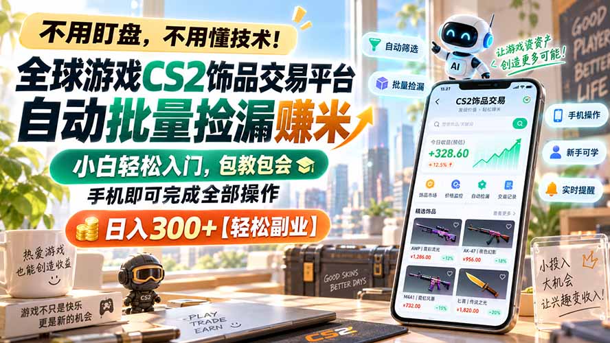全球游戏CS2饰品交易平台自动批量捡漏赚米，小白轻松入门，包教包会，手机即可完成全部操作，日入300+【轻松副业】-52项目站