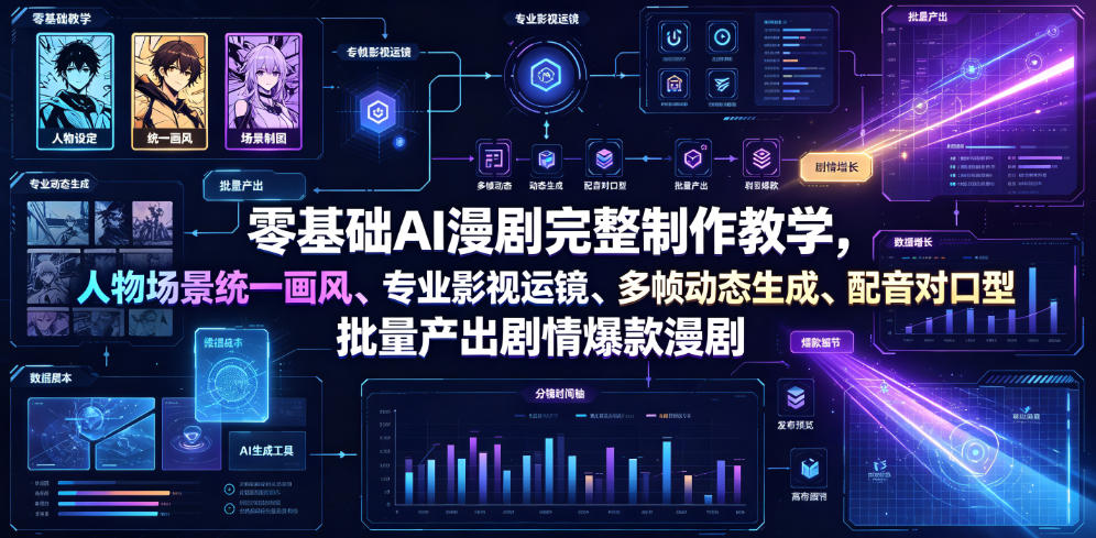 零基础AI漫剧完整制作教学,人物场景统一画风、专业影视运镜、多帧动态生成、配音对口型,批量产出剧情爆款漫剧-52项目站