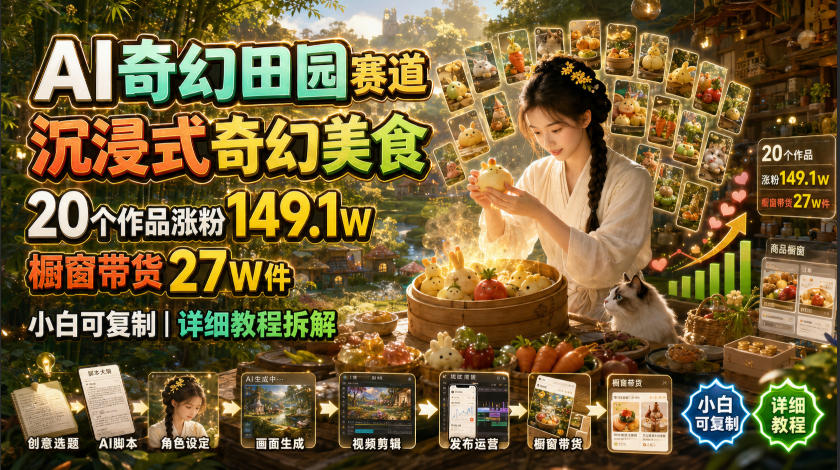 AI奇幻田园赛道，沉浸式奇幻美食，20个作品涨粉149.1W，橱窗带货27W件，小白可复制，详细教程拆解-52项目站