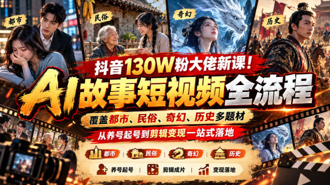 抖音130W粉大佬新课！AI故事短视频全流程，覆盖都市、民俗、奇幻、历史多题材，从养号起号到剪辑变现一站式落地-52项目站