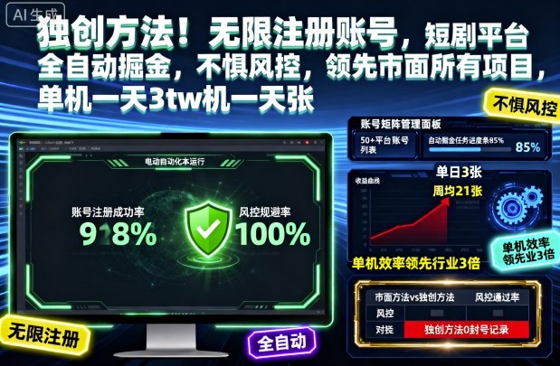 独创方法！无限注册账号，短剧平台全自动掘金，不惧风控，领先市面所有项目，单机一天3张【揭秘】-52项目站