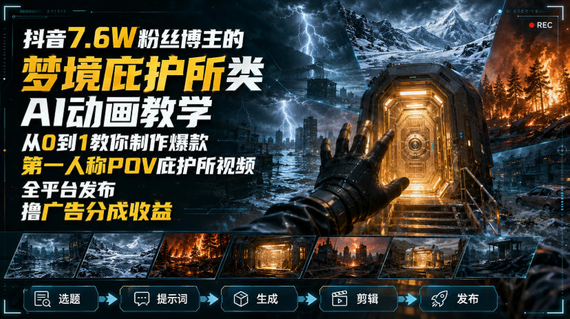 抖音7.6W粉丝博主的梦境庇护所类AI动画教学，从0到1教你制作爆款第一人称POV庇护所视频，全平台发布撸广告分成收益-52项目站