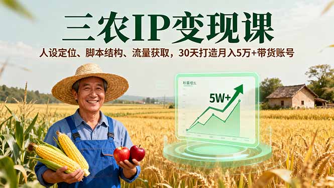 三农IP变现课，人设定位、脚本结构、流量获取，30天打造月入5万+带货账号-52项目站