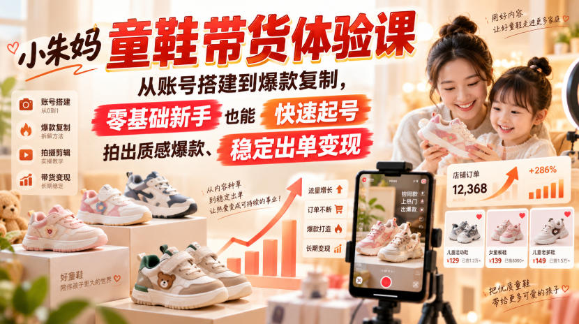 小朱妈童鞋带货体验课,从账号搭建到爆款复制,零基础新手也能快速起号、拍出质感爆款、稳定出单变现-52项目站