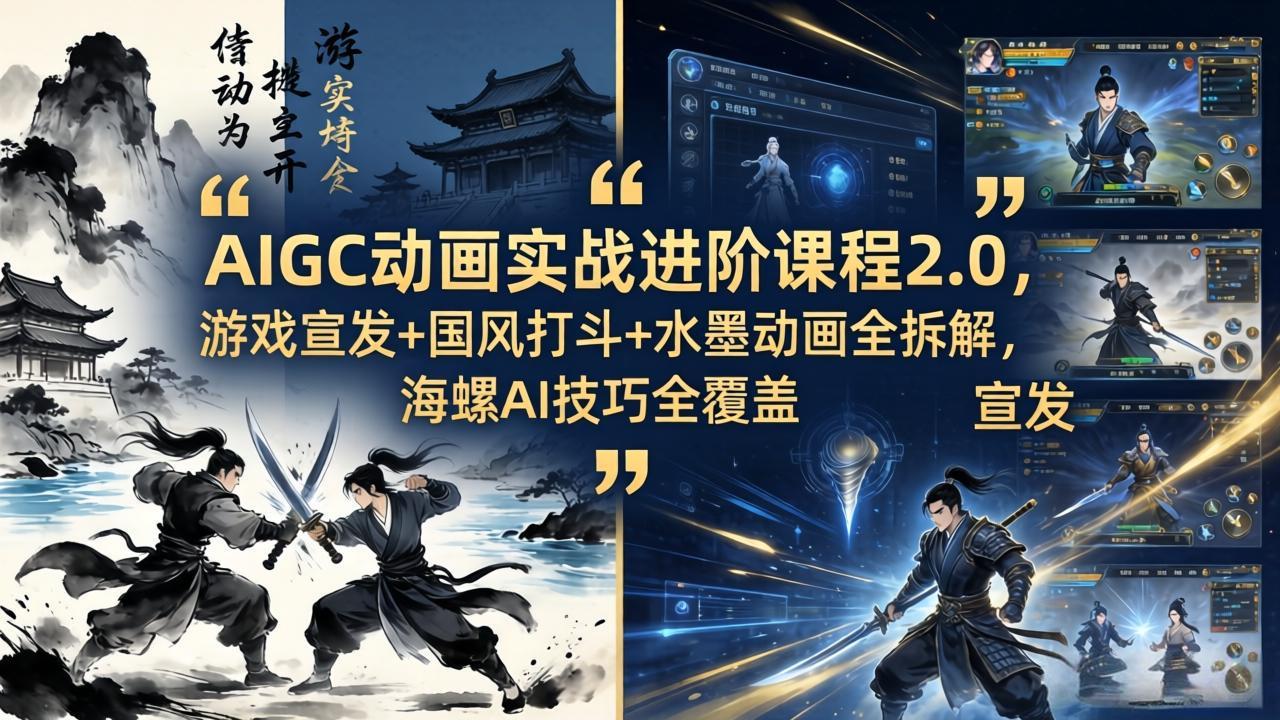 AIGC动画实战进阶课程2.0，游戏宣发+国风打斗+水墨动画全拆解，海螺AI技巧全覆盖-52项目站