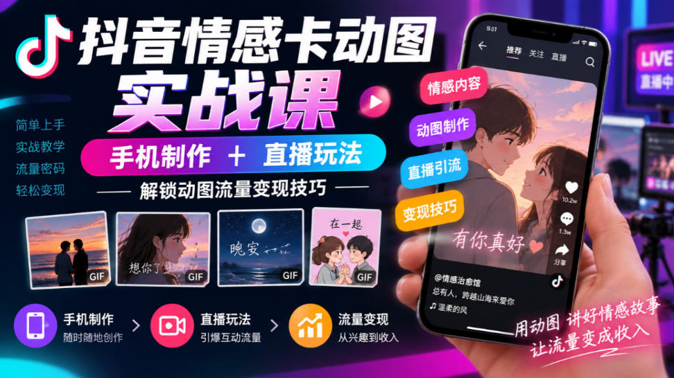 抖音情感卡动图实战课｜手机制作+直播玩法，解锁动图流量变现技巧-52项目站