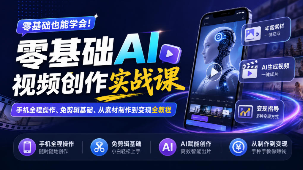 零基础AI视频创作实战课|手机全程操作、免剪辑基础、从素材制作到变现全教程-52项目站