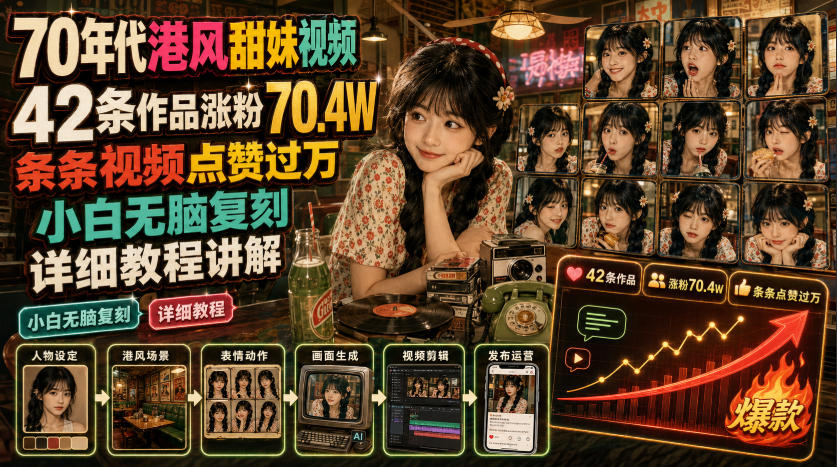 70年代港风甜妹视频，42条作品涨粉70.4W，条条视频点赞过万，小白无脑复刻，详细教程讲解-52项目站