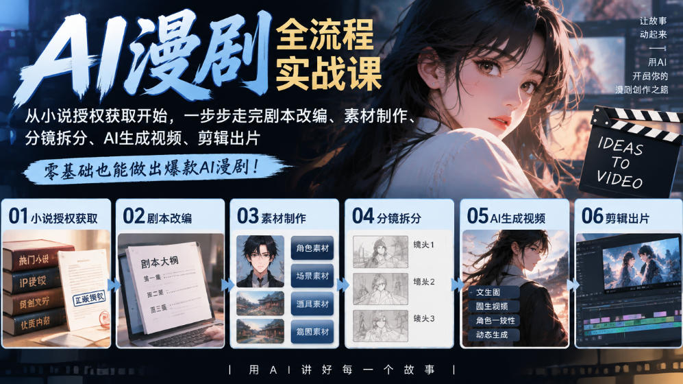 AI漫剧全流程实战课|从小说授权获取开始,一步步走完剧本改编、素材制作、分镜拆分、AI生成视频、剪辑出片全流程-52项目站