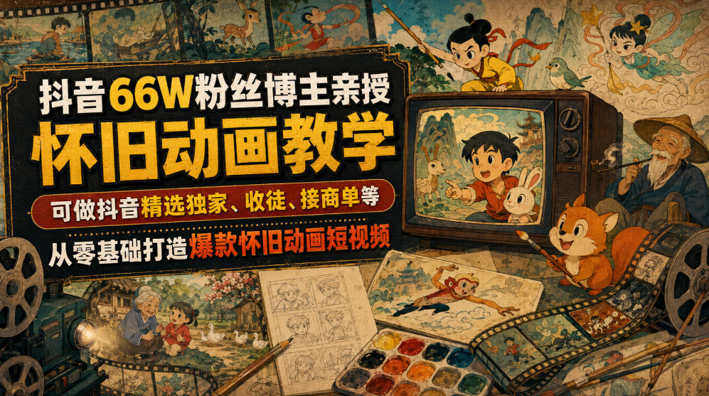 抖音66W粉丝博主亲授怀旧动画教学，可做抖音精选独家、收徒、接商单等，从零基础打造爆款怀旧动画短视频-52项目站