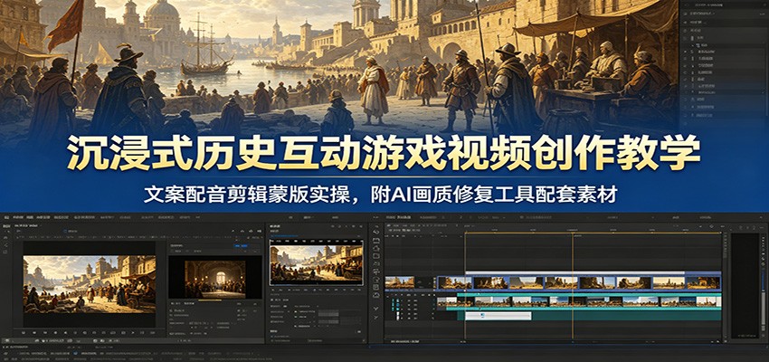 沉浸式历史互动游戏视频创作教学:文案配音剪辑蒙版实操,附AI画质修复工具配套素材-52项目站