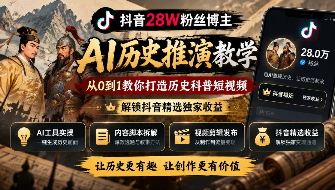 抖音28W粉丝博主的AI历史推演教学,从0到1教你打造历史科普短视频,解锁抖音精选独家收益-52项目站