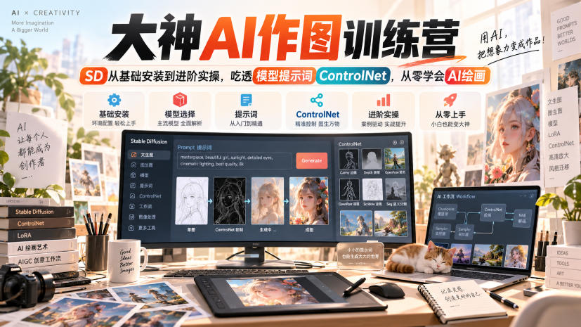 大神AI作图训练营,SD从基础安装到进阶实操,吃透模型提示词ControlNet,从零学会AI绘画-52项目站