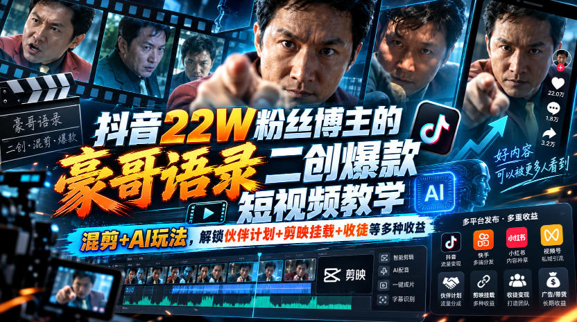 抖音22W粉丝博主的豪哥语录二创爆款短视频教学,混剪+AI玩法,解锁伙伴计划+剪映挂载+收徒等多种收益-52项目站