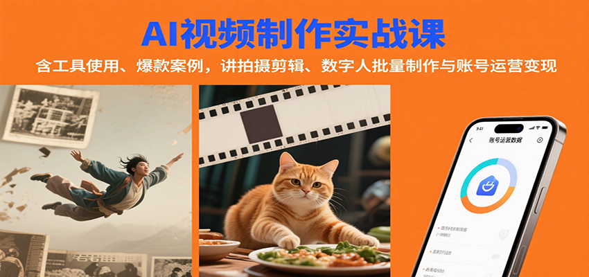 AI视频制作实战：含工具使用、爆款案例，讲拍摄剪辑、数字人批量制作与账号运营变现-52项目站