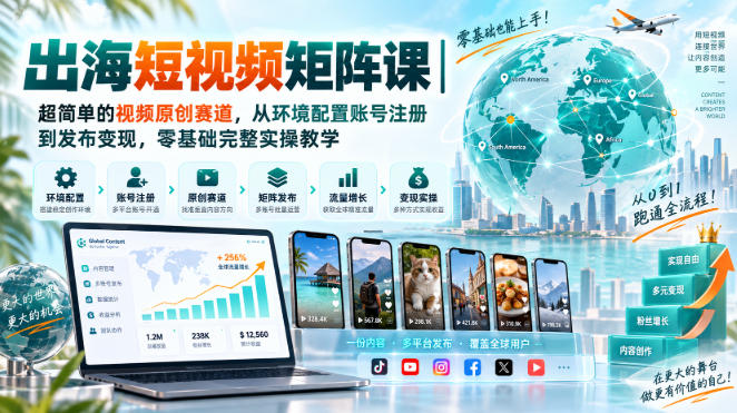 出海短视频矩阵课|超简单的视频原创赛道,从环境配置账号注册到发布变现,零基础完整实操教学-52项目站