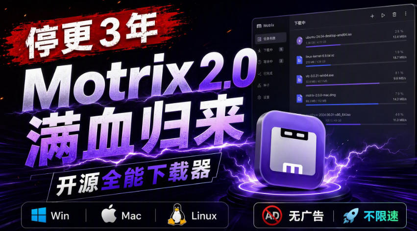 停更3年，Motrix 2.0满血归来：开源全能下载器，Win/Mac/Linux通吃，无广告不限速-52项目站