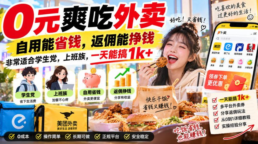 0元爽吃外卖，自用能省钱，返佣能挣钱，非常适合学生党，上班族，一天能搞1k+-52项目站