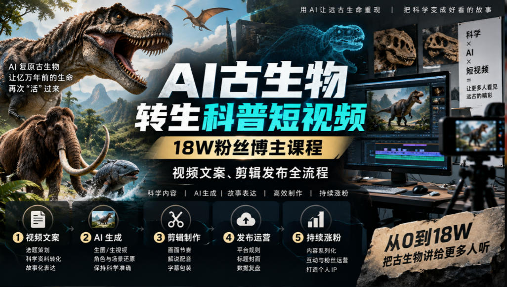 AI古生物转生科普短视频,18W粉丝博主课程,视频文案、剪辑发布全流程-52项目站