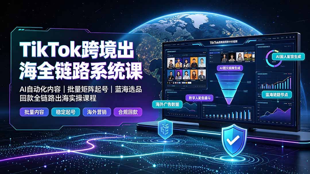 TikTok跨境出海全链路系统课-2026年7月：AI自动化内容｜批量矩阵起号｜蓝海选品回款全链路出海实操课程-52项目站