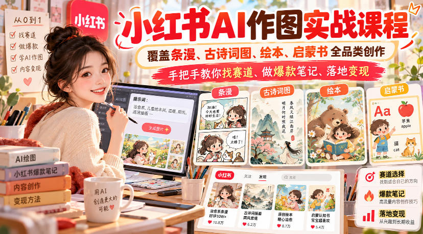 小红书AI作图实战课程，覆盖条漫、古诗词图、绘本、启蒙书全品类创作，手把手教你找赛道、做爆款笔记、落地变现-52项目站