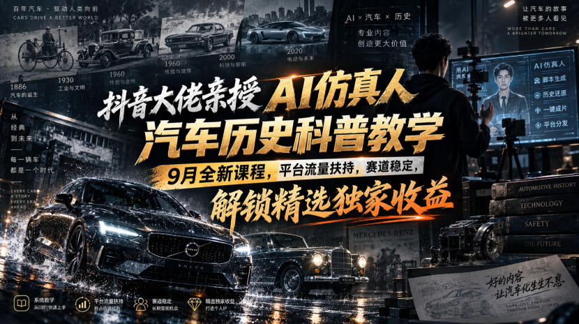 抖音大佬亲授AI仿真人汽车历史科普教学，9月全新课程，平台流量扶持，赛道稳定，解锁精选独家收益-52项目站