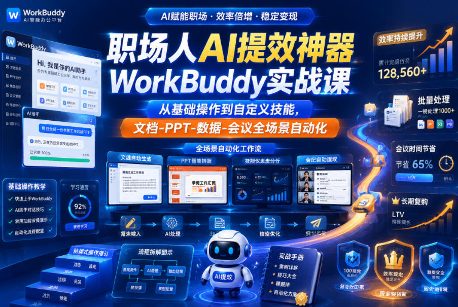 职场人AI提效神器WorkBuddy实战课,从基础操作到自定义技能,文档-PPT-数据-会议全场景自动化-52项目站