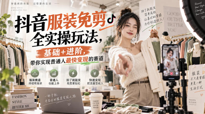 抖音服装免剪全实操玩法，基础+进阶，带你实现普通人最快变现的赛道-52项目站