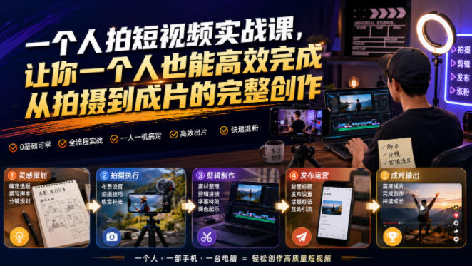 一个人拍短视频实战课，让你一个人也能高效完成从拍摄到成片的完整创作-52项目站