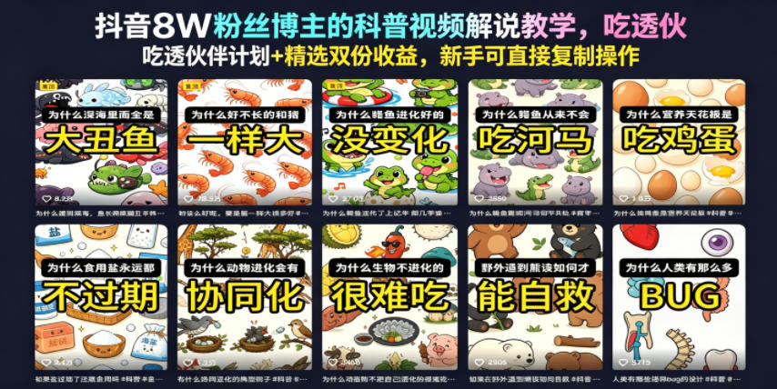 抖音8W粉丝博主的科普视频解说教学，吃透伙伴计划+精选双份收益，新手可直接复制操作-52项目站