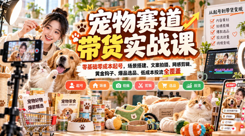 宠物赛道带货实战课,零基础零成本起号,场景搭建、文案拍摄、网感剪辑、黄金钩子、爆品选品、低成本投流全覆盖-52项目站