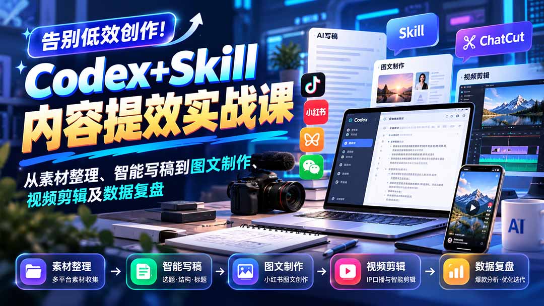 【无水印】告别低效创作！Codex+Skill内容提效实战课：从素材整理、智能写稿到图文制作、视频剪辑及数据复盘-52项目站