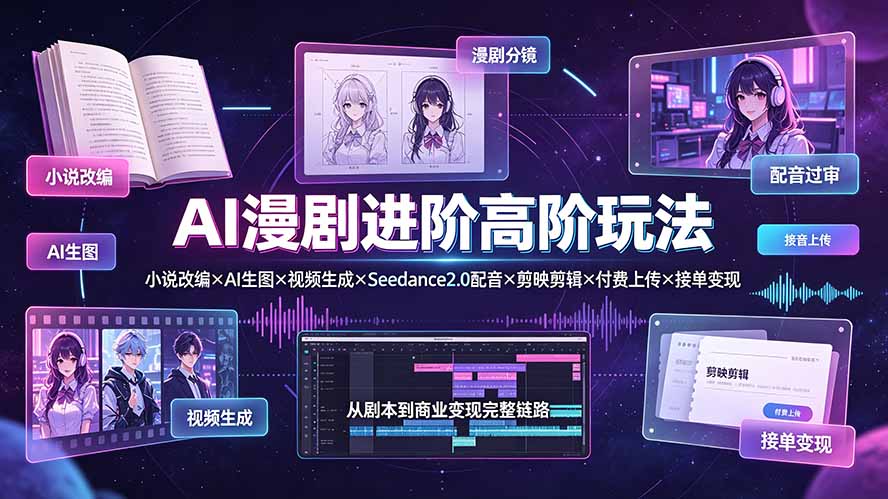 AI漫剧进阶高阶玩法：小说改编×AI生图×视频生成×Seedance2.0配音×剪映剪辑×付费上传×接单变现-52项目站