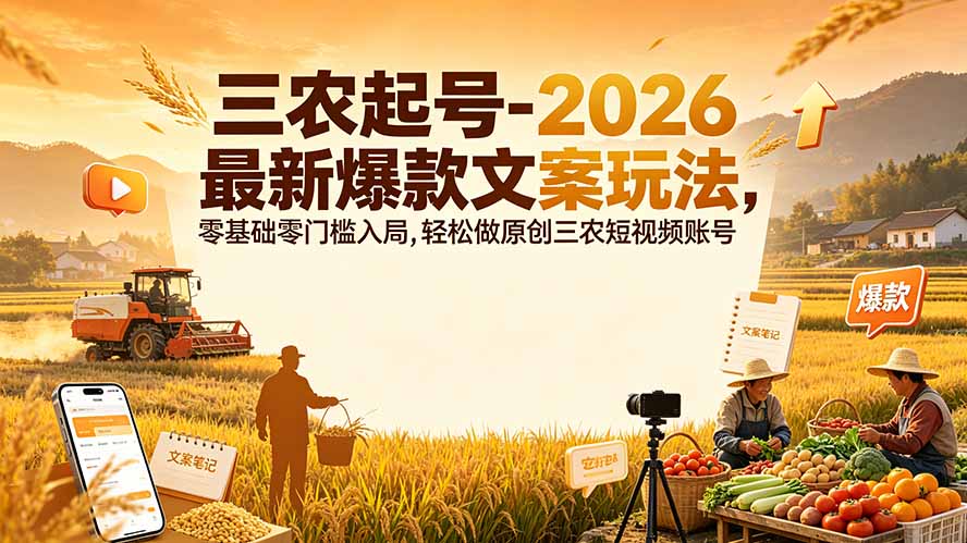 三农起号-2026 最新爆款文案玩法，零基础零门槛入局，轻松做原创三农短视频账号-52项目站