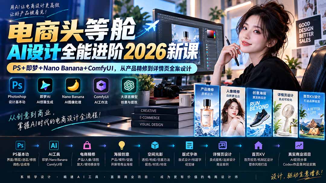 电商头等舱AI设计全能进阶2026新课：PS+即梦+Nano Banana+ComfyUI，从产品精修到详情页全案设计-52项目站