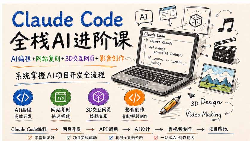 Claude Code全栈AI进阶课；AI编程+网站复刻+3D交互网页+影音创作，系统掌握AI项目开发全流程-52项目站