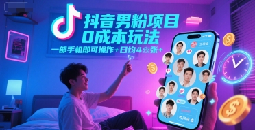 抖音男粉项目0成本玩法，一部手机即可操作，日均4张+，时间自由-52项目站