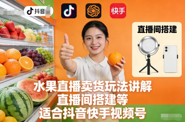 水果直播卖货玩法讲解、直播间搭建等,适合抖音快手视频号-52项目站