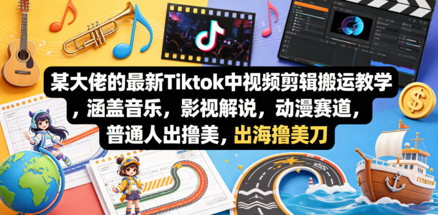某大佬的最新Tiktok中视频剪辑搬运教学，涵盖音乐，影视解说，动漫赛道，普通人出海撸美刀-52项目站