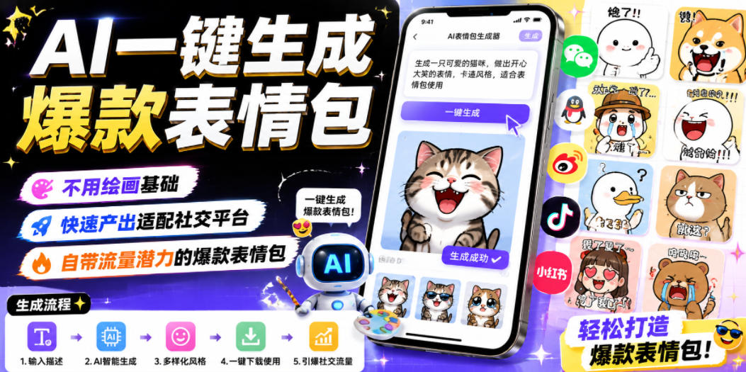 AI一键生成爆款表情包,不用绘画基础,快速产出适配社交平台,自带流量潜力的爆款表情包-52项目站