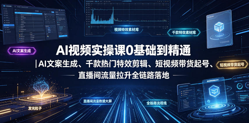 AI视频实操课0基础到精通|AI文案生成、千款热门特效剪辑、短视频带货起号、直播间流量拉升全链路落地-52项目站