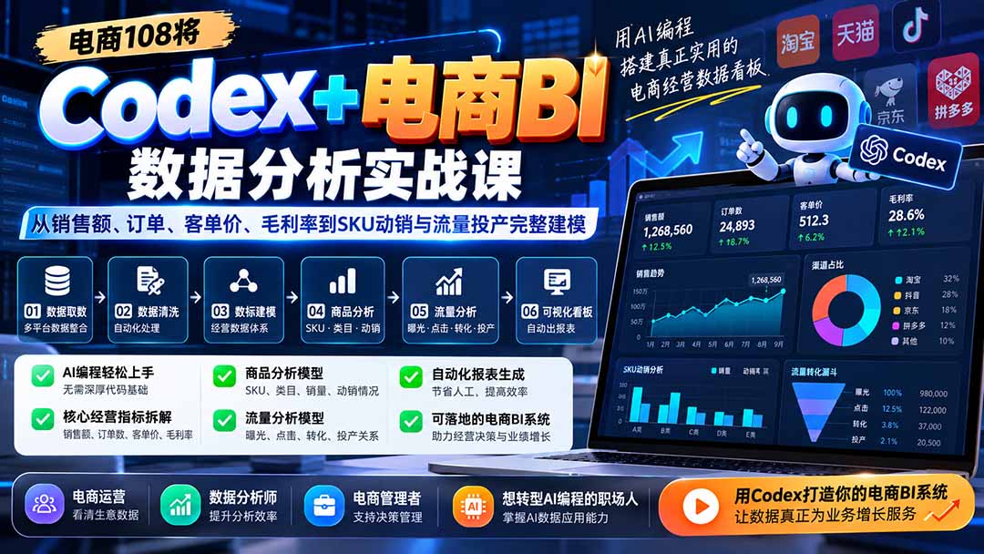 Codex+电商BI数据分析实战课-更新:从销售额、订单、客单价、毛利率到SKU动销与流量投产完整建模-52项目站