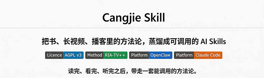 图片[1]-全网走红！GitHub上6.7K Star的开源项目，把任何书、长视频、播客蒸馏成AI工具，值得收藏 cangjie-skill-52项目站