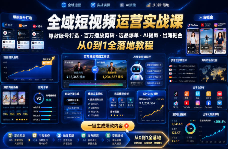 全域短视频运营实战课,爆款账号打造・百万播放剪辑・选品爆单・AI提效・出海掘金,从0到1全落地教程-52项目站