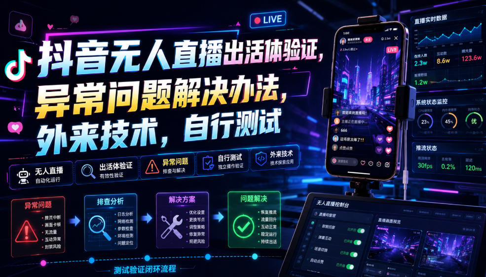 抖音无人直播出活体验证，异常问题解决办法，外来技术，自行测试-52项目站