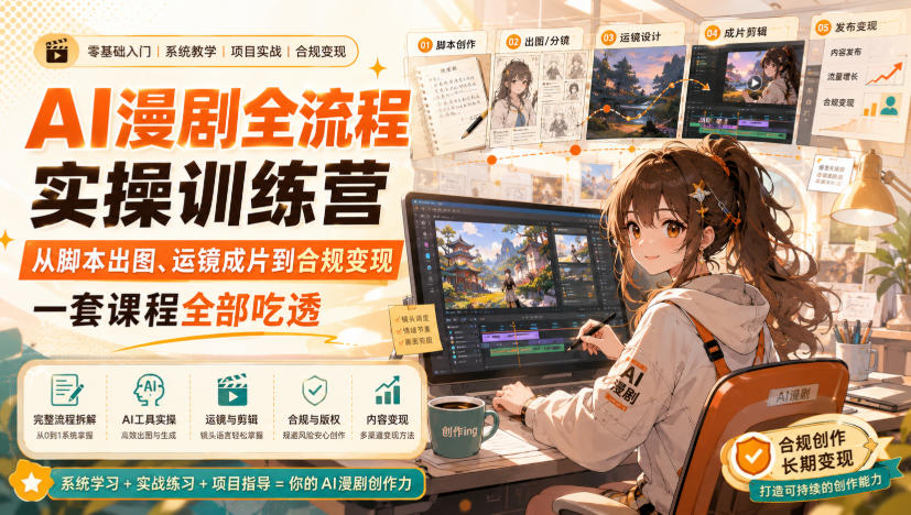 AI漫剧全流程实操训练营，从脚本出图、运镜成片到合规变现，一套课程全部吃透-52项目站