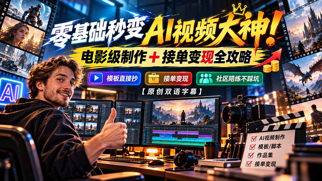 零基础秒变AI视频大神!电影级制作 + 接单变现全攻略,模板直接抄,社区陪练不踩坑【原创双语字幕】-52项目站