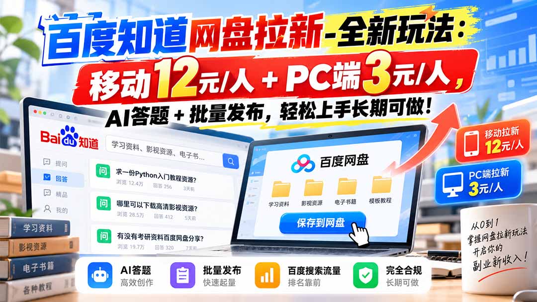 百度知道网盘拉新-全新玩法：移动12元/人+PC端3元/人，AI答题+批量发布，轻松上手长期可做！-52项目站