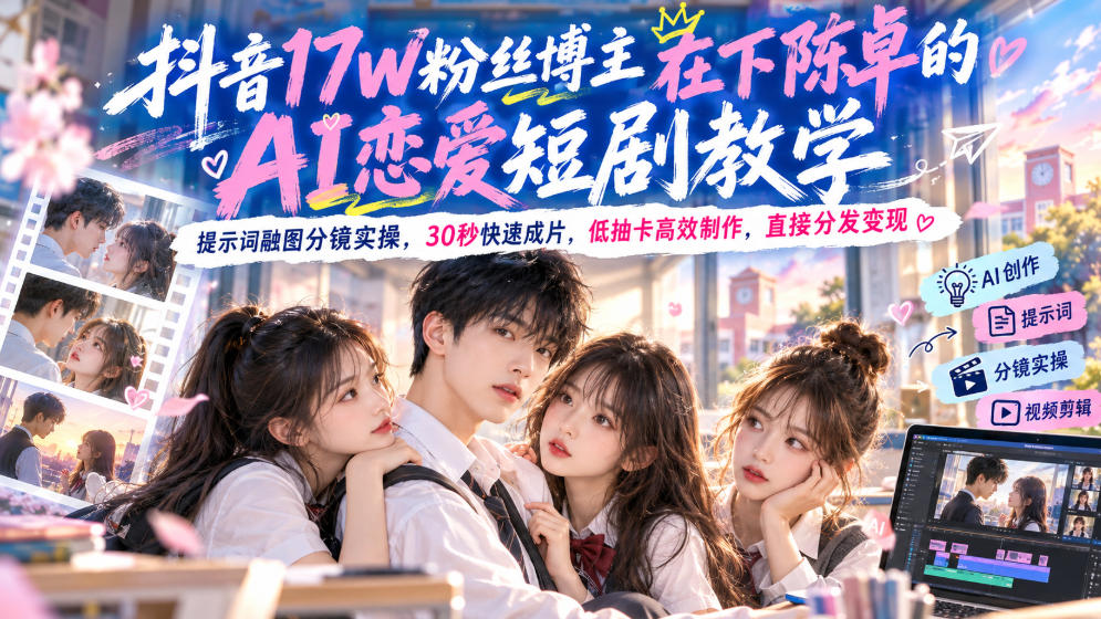 抖音17W粉丝博主在下陈卓的AI恋爱短剧教学，提示词融图分镜实操，30秒快速成片，低抽卡高效制作，直接分发变现-52项目站